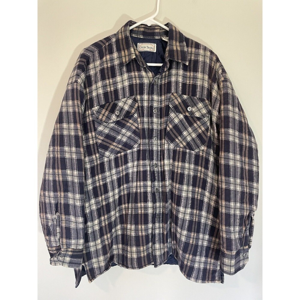 VTG Open Trails Quilted Lined Blue Plaid Flannel Jacket Men's L Workwear Utility